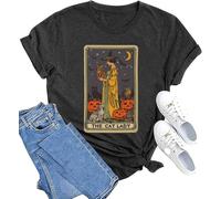 Womens Halloween Witch Shirt Cat Lady Tarot Card T-Shirt Horror Graphic Tee Cat Lover Gift Shirt Retro Casual Fall Top, Gray, S