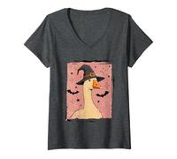 Womens Halloween Witch Silly-Goose Spooky Season Bats Honk Animal V-Neck T-Shirt