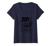 Womens Halloween Witches Broom No Tricks Just Treats for Women V-Neck T-Shirt