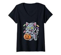 Womens Halloween Zombie Cat with Pumpkin and Trick Or Treat Candy V-Neck T-Shirt