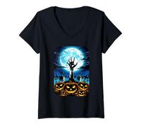 Womens Halloween Zombie Hand in The Graveyard V-Neck T-Shirt