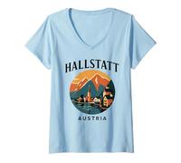 Womens Hallstatt Austria Lake Village Retro Travel Alpine Lake Ski V-Neck T-Shirt