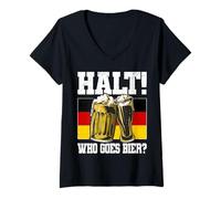 Womens Halt Who Goes Bier Funny German Flag Beer Humor V-Neck T-Shirt