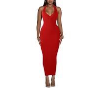 Women's Halter Maxi Bodycon Dress - Summer Casual Backless Club Party Long Fitted Tight Dresses, Red, M