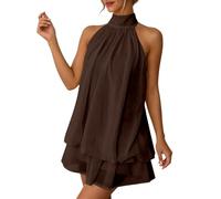 Women's Halter Neck Chiffon Mini Dress Women's Summer Halter Tie Mini Dress Sleeveless Backless Puffball Dresses Summer Vacation Y2K Party Sundress Brown