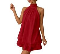 Women's Halter Neck Chiffon Mini Dress Women's Summer Halter Tie Mini Dress Sleeveless Backless Puffball Dresses Summer Vacation Y2K Party Sundress Red