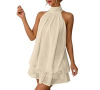 Women's Halter Neck Chiffon Mini Dress Women's Summer Halter Tie Mini Dress Sleeveless Backless Puffball Dresses Summer Vacation Y2K Party Sundress Khaki
