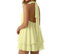 Women's Halter Neck Chiffon Mini Dress Women's Summer Halter Tie Mini Dress Sleeveless Backless Puffball Dresses Summer Vacation Y2K Party Sundress Yellow