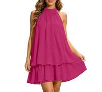 Women's Halter Neck Chiffon Mini Dress Women's Summer Halter Tie Mini Dress Sleeveless Backless Puffball Dresses Summer Vacation Y2K Party Sundress Hot Pink