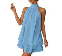 Women's Halter Neck Chiffon Mini Dress Women's Summer Halter Tie Mini Dress Sleeveless Backless Puffball Dresses Summer Vacation Y2K Party Sundress Sky Blue