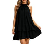 Women's Halter Neck Chiffon Mini Dress Women's Summer Halter Tie Mini Dress Sleeveless Backless Puffball Dresses Summer Vacation Y2K Party Sundress Black
