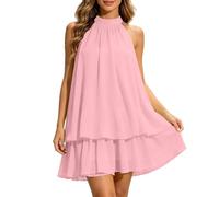 Women's Halter Neck Chiffon Mini Dress Women's Summer Halter Tie Mini Dress Sleeveless Backless Puffball Dresses Summer Vacation Y2K Party Sundress Pink