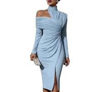 Womens Halter One Shoulder Midi Wrap Dress Formal Corset Ruched Bodycon Wedding Guest Cocktail Dresses,Blue,S