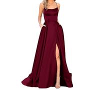 Women's Halter Prom Dresses Spaghetti Straps Backless Satin Formal Evening Gowns Long Side Spilt Party Wedding Maxi Dresses with Pockets
