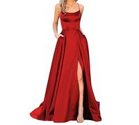Women's Halter Prom Dresses Spaghetti Straps Backless Satin Formal Evening Gowns Long Side Spilt Party Wedding Maxi Dresses with Pockets A-red