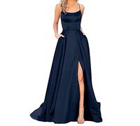 Women's Halter Prom Dresses Spaghetti Straps Backless Satin Formal Evening Gowns Long Side Spilt Party Wedding Maxi Dresses with Pockets