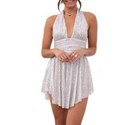 Women's Halter Sequin Mini Dress Sleeveless Backless Glitter Flared Short Mini Dress V Neck Ruched Sparkly Swing A-Line Sundress Clubwear (Silver, L)