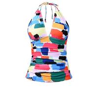 Women's Halter Tankini Top V Neck Swim Tops Only Tummy Control Bathing Suit No Bottom Swimwear Ladies Sexy Tropical Print Swimuit Beachwear Swimming Costume Ruched Top Backless with Adjustable Tie