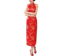 Women's Halterneck Sleeveless Chinese Cheongsam Mandarin Collar Side Split Long Qipao Party Dress Outfit, Plum Red, Medium