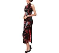 Women's Halterneck Sleeveless Chinese Cheongsam Mandarin Collar Side Split Long Qipao Party Dress Outfit, Plum Black/Red, S