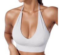 Womens Halterneck Sports Bra Backless Deep V Neck Padded Push Up Bustier Bra Mesh Panel Adjustable Straps Sexy Gym Yoga Workout Wireless Support Fitness Crop Top UK (White, L)