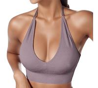 Womens Halterneck Sports Bra Backless Deep V Neck Padded Push Up Bustier Bra Mesh Panel Adjustable Straps Sexy Gym Yoga Workout Wireless Support Fitness Crop Top UK (Purple, M)
