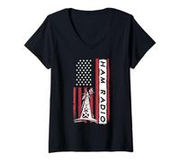 Womens Ham Radio American Flag Distressed Look Radio Tower V-Neck T-Shirt