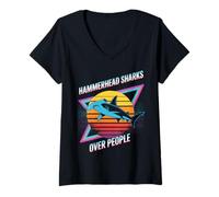 Womens Hammerhead Sharks Over People V-Neck T-Shirt