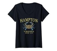Womens Hampton Virginia Blue Crab Since 1610 Yellow Letters V-Neck T-Shirt