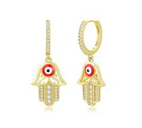 Women's Hamsa Hand Evil Eye Huggie Hoop Earrings Gold-Tone Brass with Cubic Zirconia, Red Enamel Protection Dangle Hoops, Lucky Gift