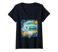 Womens Hanalei Hawaii Tropical Wave Vibes Ocean Art Nature Scenes V-Neck T-Shirt