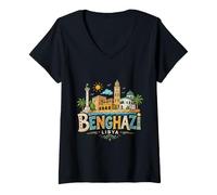 Women's Hand Drawn Benghazi Libya Travel Souvenir Landmark Gift V-Neck T-Shirt