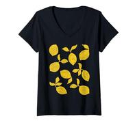 Women's Hand Drawn Lemon Pattern in Yellow V-Neck T-Shirt