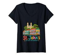 Women's Hand Drawn St Johns Antigua and Barbuda Travel Landmark Gift V-Neck T-Shirt