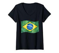 Women's Hand Drawn Wavy Brazilian Flag V-Neck T-Shirt