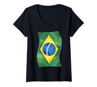 Women's Hand Drawn Wavy Brazilian Flag V-Neck T-Shirt