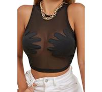 Women's Hand Print Sheer Mesh Crop Tops - Sexy Fitted Tank Sleeveless Tee See Through Clubwear Fishnet Shirt Outfit, Black, M