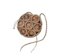 Women's handbag beach shoulder crossbody bag and wallet made of wicker hollow round grass and willow twigs(KHAKI A)