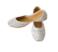 Women's Handmade Indian Leather Juttis Mojaris Ballet Flats, White Embellished with Pearls and Beads, UK Size 9.5