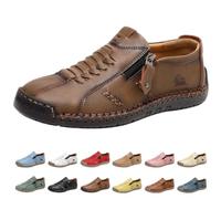 Women's Handmade Leather Orthopedic Comfy Shoes, Comfortable Orthopedic Sneakers Wide Fit Trainers Walking Shoes Slip On Arch Support Non-Slip Sneakers(Khaki,9.5UK)