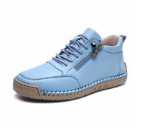 Women's Handmade Leather Orthopedic Comfy Shoes Fashion Lightweight Non Slip Side Zipper Walking Shoes Outdoor Casual Ankle Boots Sky Blue