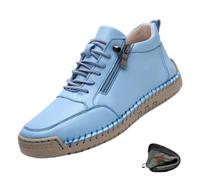 Women's Handmade Leather Orthopedic Comfy Shoes, Leather Trainers with Side Zip Flats Hand-Stitched Leather Loafers Comfy Non-Slip Slip on Sneakers (Sky Blue,44EU)