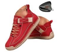 Women's Handmade Leather Orthopedic Comfy Shoes, Unisex Comfortable Orthopedic Sneakers Wide Fit Trainers Walking Shoes Slip On Arch Support Non-Slip Sneakers (5,Red)