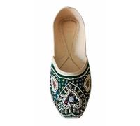 Women's Handmade Punjabi Indian Juttis, Green Embellished Slip-On Khussa Mojari Flats, UK 9.5