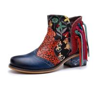 Women's Handmade Retro Leather Boots, Colorful Painting, Metallic Style Y2K Goth Punk Flats Shoes,Blue,36