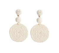 Women's Handmade Straw Earrings Boho Raffia Ball Straw Wicker Braid Hoop Drop Dangle Earrings For Women Girls, Off-white