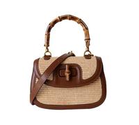 Women's Handmade Straw Tote Handbags，Genuine Leather+Straw Woven Bamboo Top Handle Satchel Crossbody Bag, Brown, One Size, Fashion