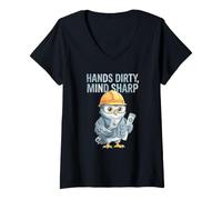 Women's Hands Dirty, Mind Sharp Engineer Humor Dirty Funny Owl V-Neck T-Shirt