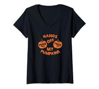 Womens Hands Off My Pumpkins Trick Or Treat V-Neck T-Shirt