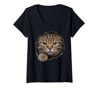 Women's Handsome Brown Tabby Cat Peeking Through V-Neck T-Shirt